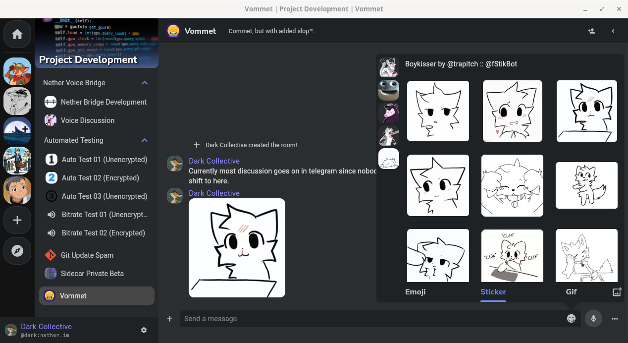 A Vommet chat room with the sticker picker open on a pack of cartoon cat stickers, and one of the stickers already sent in the conversation